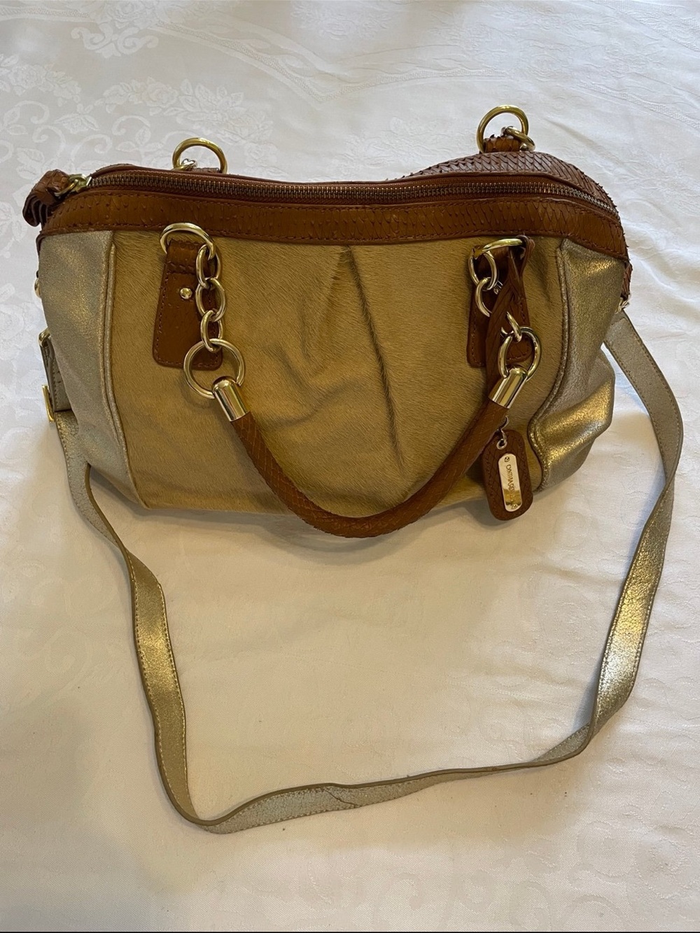Cynthia Rowley Tan and Brown Satchel with Chain-Accent Handles